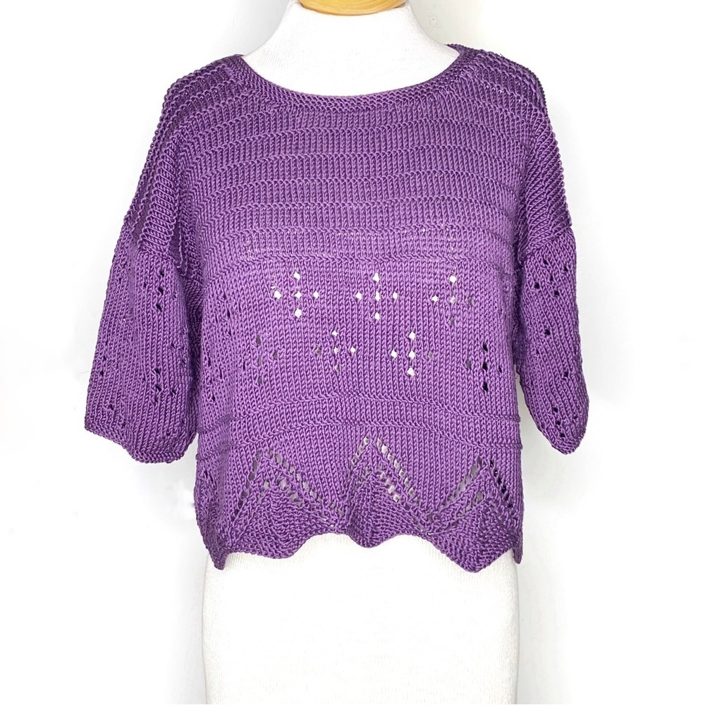 Purple Hand Knit Sweater Crop Pointelle Boho Cottagecore Scalloped M